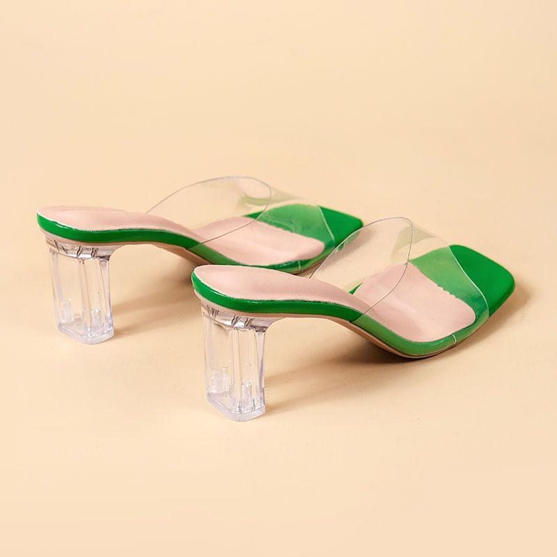 

Туфли женские на толстом каблуке прозрачные однотонные 2025 новые летние босоножки большого размера со стразами и высоким каблуком женские 42 зелёный