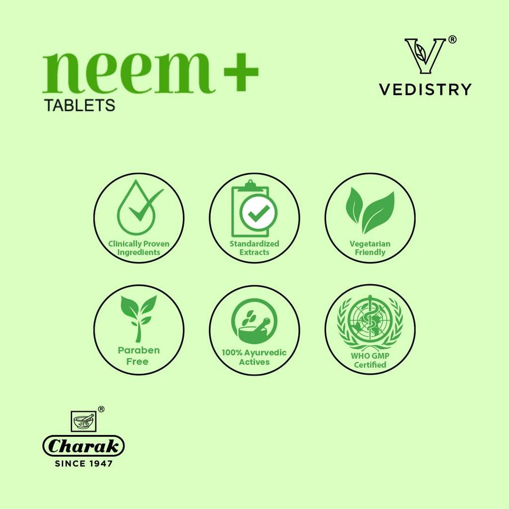 Vedistry Neem+ Ayurvedic Tablets for Skin & Blood Purifier | Detox, Immunity & Clear Healthy Skin – 60 Tablets Pack of 1
