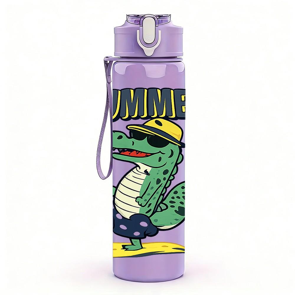 1PC Surfing Dinosaur Cartoon 750ml Color Plastic Sports Water Bottle Leakproof Flip Straw Lid Suitable for Sports Office Home Use
