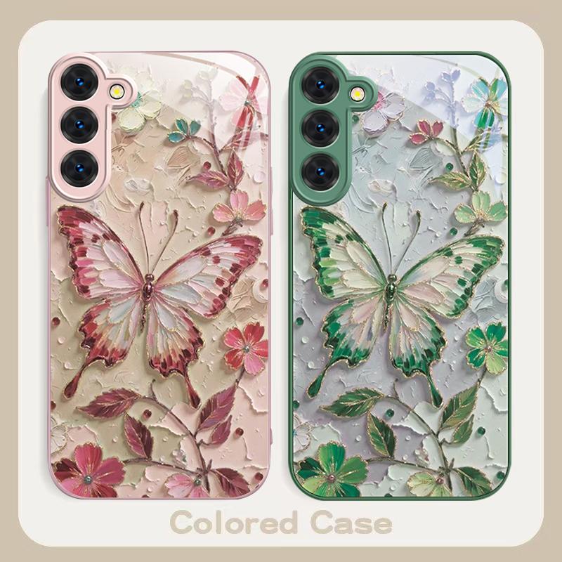 Elegant Pink Butterfly For Samsung S26 S22 S8 S9 S10 S20 Ultra S21 Pro S22 Plus S23 FE S24Ultra S25 Edge S24+ Glass Phone Case