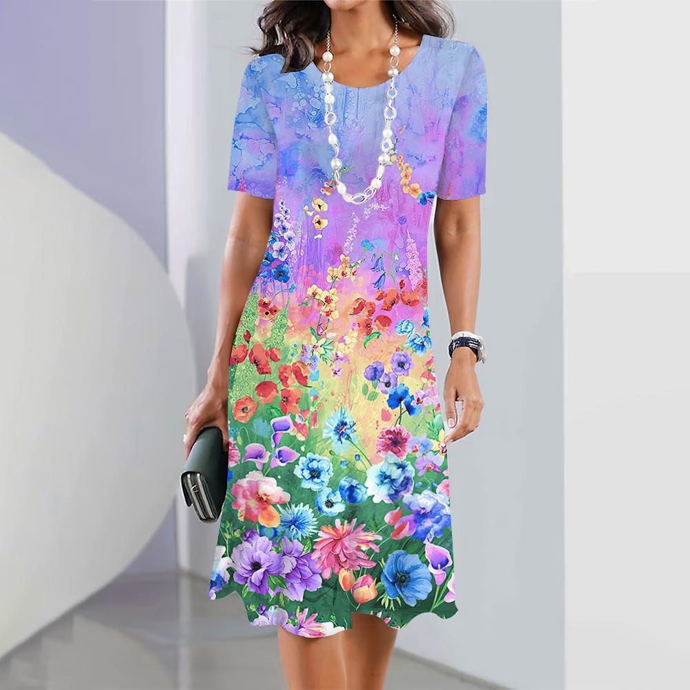 2026 Summer New Fashion Floral Print Short-sleeved Dress Women's Elegant Casual Dress