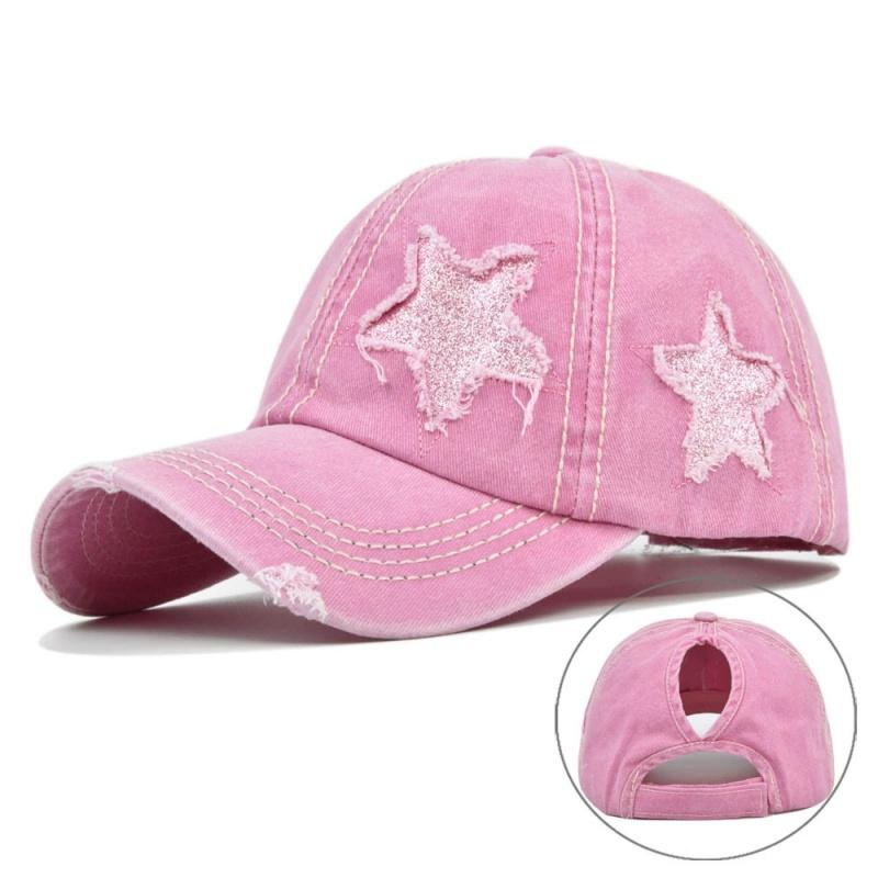 Women Ponytail Baseball Cap Washed Cotton Sun Hat Female Pentagram Sequins Hip Hop Snapback Hats Adjustable Sport Golf Hat Gorra