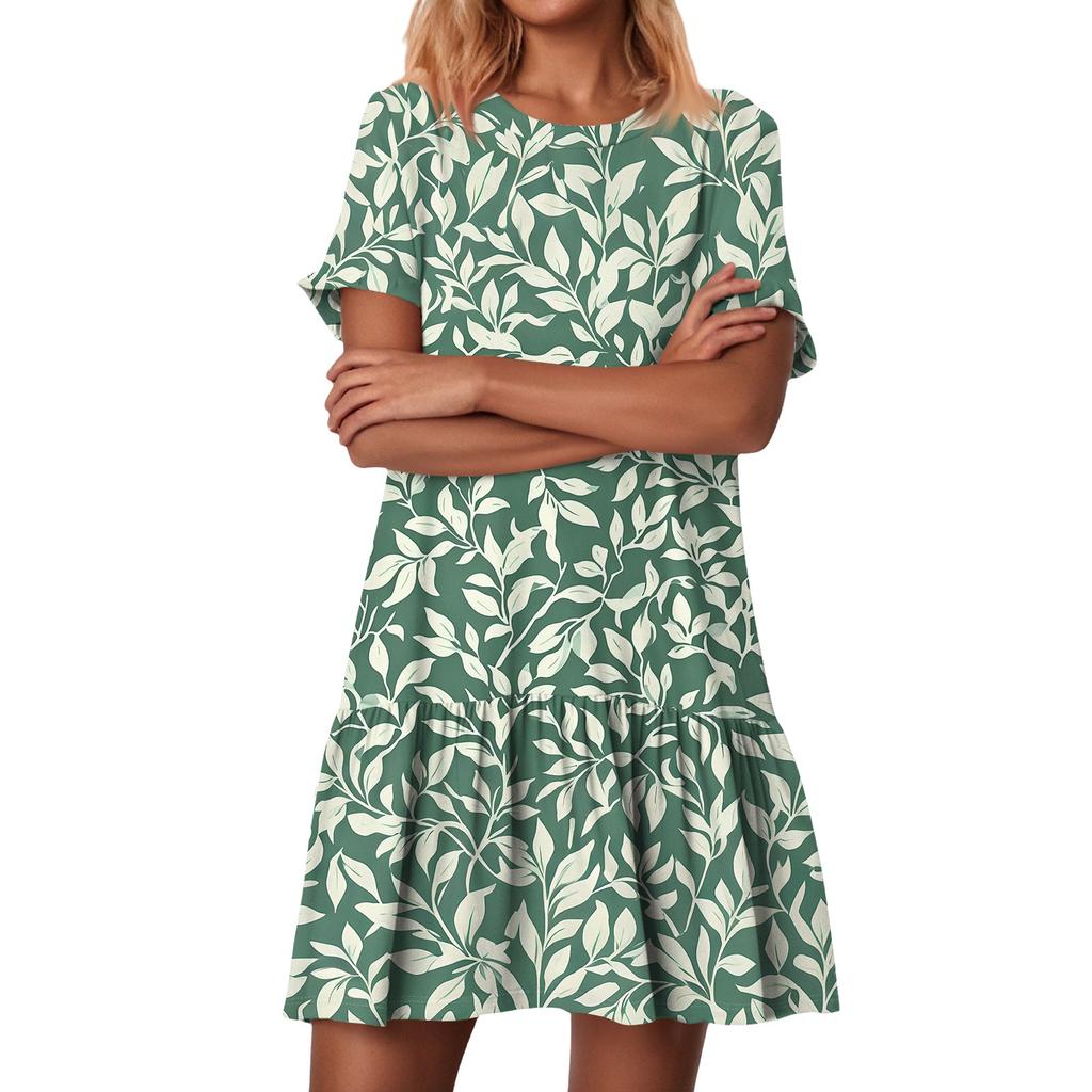 Women's Fashion Casual Round Neck Short Sleeve Ruffled Vintage Printed Dresses