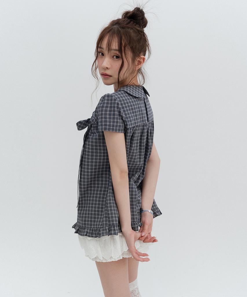 HIGH SCHOOL DISCO Check Ribbon Round Collar Blouse
