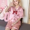 Women's Short Sleeve Faux Silk Ice Silk Pajama Set with Lapel - European Size