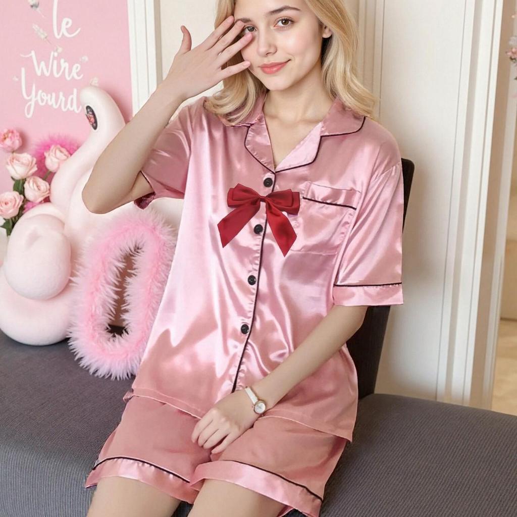 Women's Short Sleeve Faux Silk Ice Silk Pajama Set with Lapel - European Size