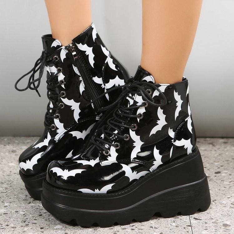 New Women's Boots Sponge Cake Thick Soled Patent Leather Short Boots Women's Printed Bat Ankle Boots Plus Size 35-43