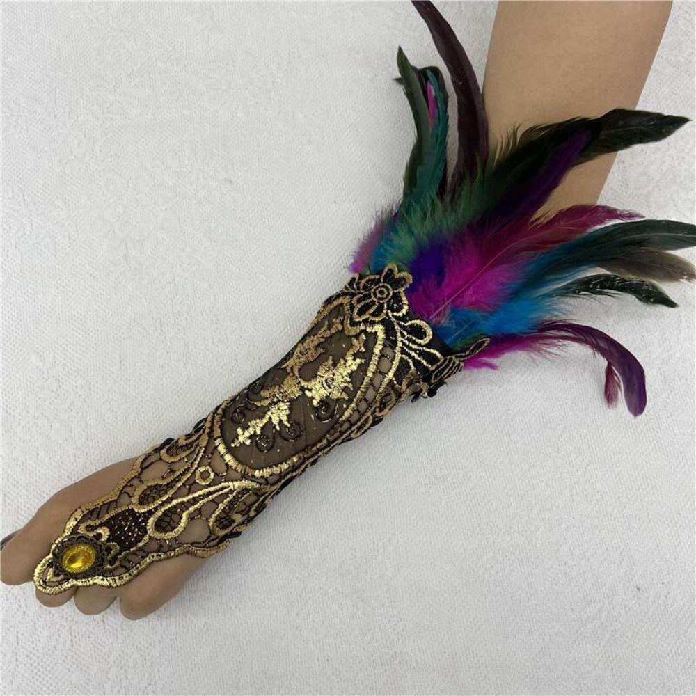 Retro Halloween Feather Cuffs Embroidery Women Feather Lace Glove Halloween Wristband  Festival
