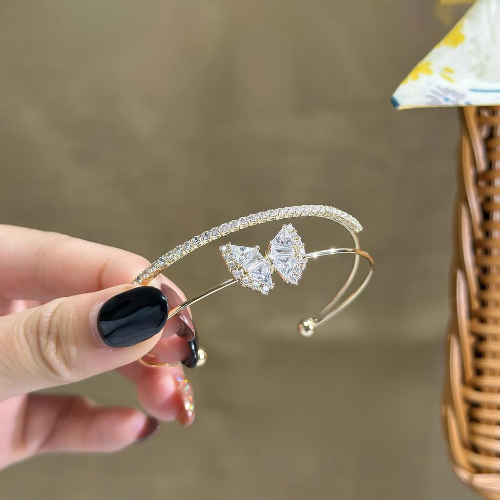 French Zirconia Butterfly Double-Layer Open Bangle: Elegant, Versatile Fashion Bracelet for Women