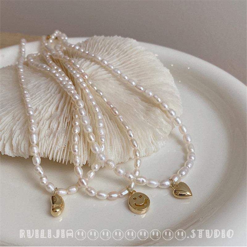French Retro Freshwater Pearl Smiley Heart Pendant Necklace - Korean Style Women's Choker