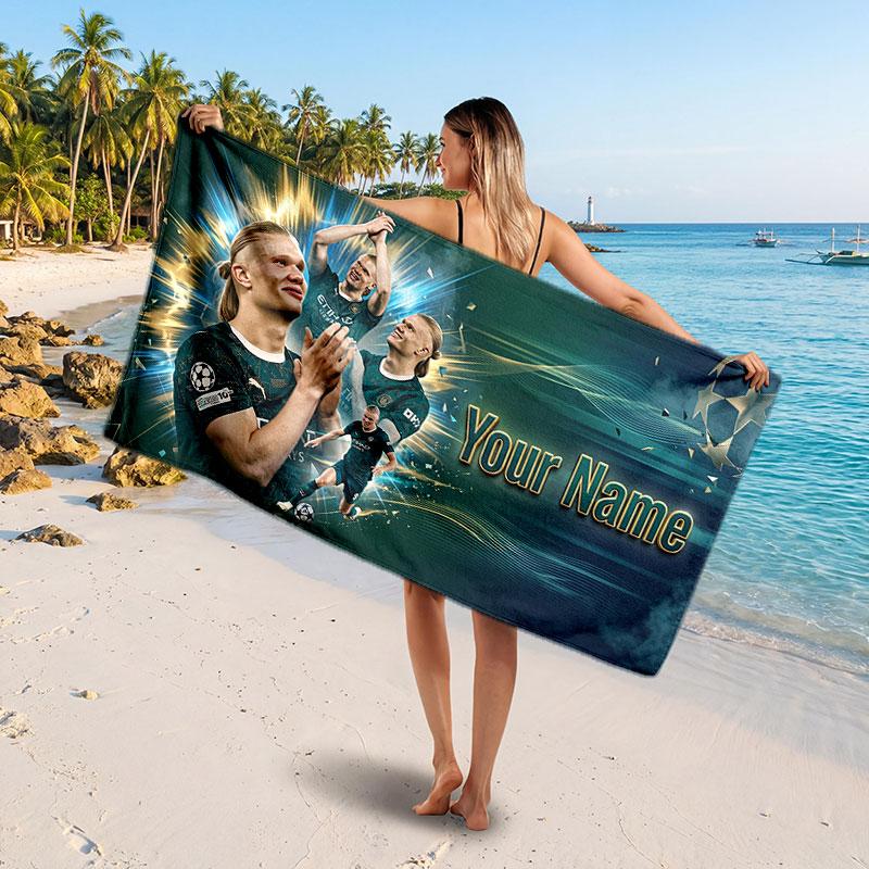 Asciugamano da Spiaggia Personalizzato Erling Haaland, Stampa Testo Nome Personalizzato, Asciugamano Morbido ad Asciugatura Rapida con Logo Calcio, Regalo per le Vacanze