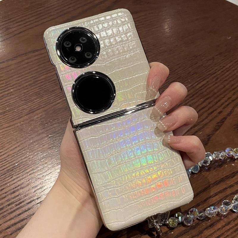 Tide Brand Crocodile Pattern Is Suitable for Huawei Pocke2 Folding Screen Mobile Phone Case P50Pocket Gradual Change Bamboo Powder Lanyard