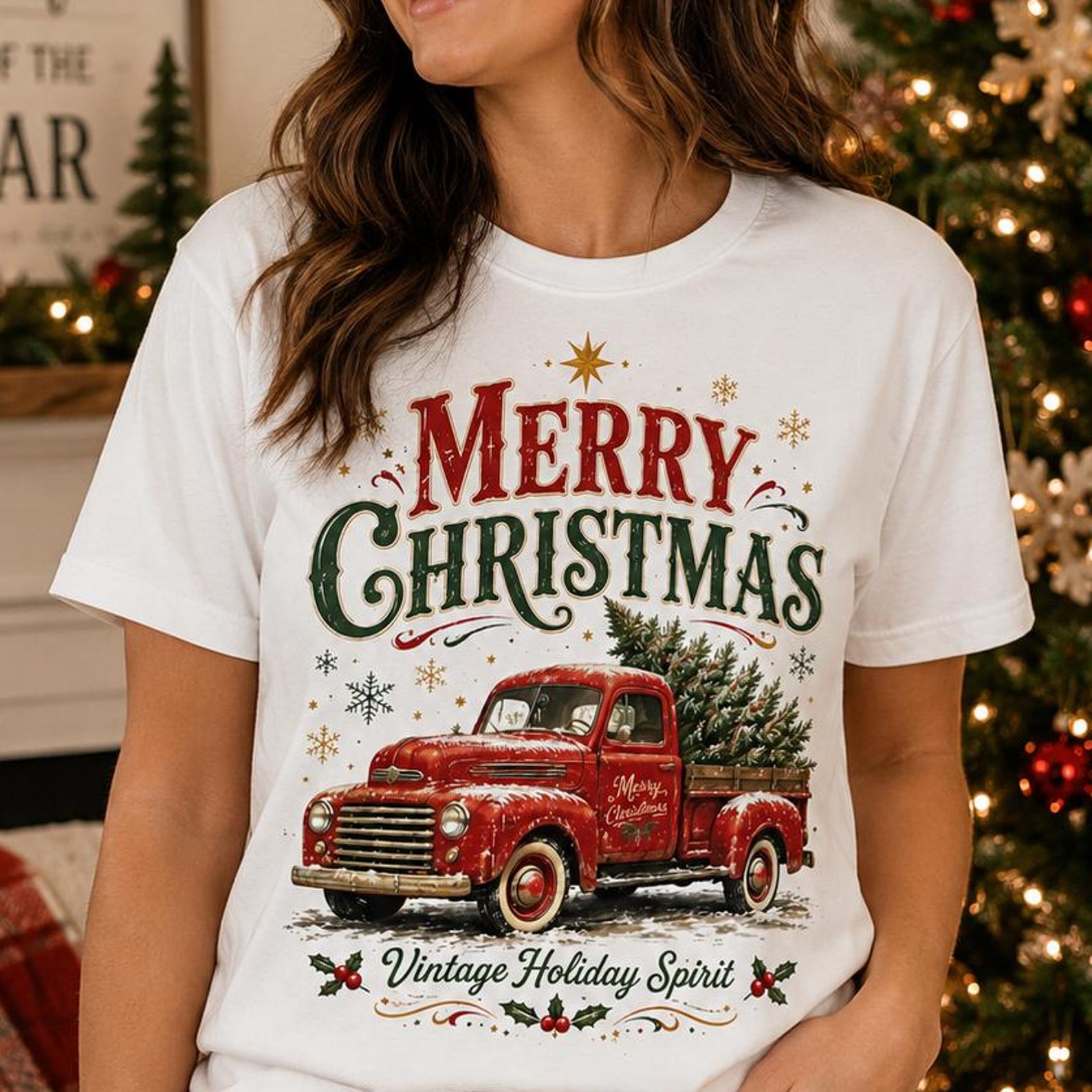 Retro Vintage Christmas Truck Shirt, Merry Christmas Tee, Holiday Spirit T Shirt, Red Truck Christmas Shirt, Cute Christmas Tee M