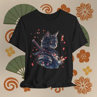 Samurai Katze Krieger T-Shirt: Wildschwarze Rüstung, Katana & Sakura Grafik-T-Shirt Hochwertiges Rundhals Kurzarm Herren-T-Shirt