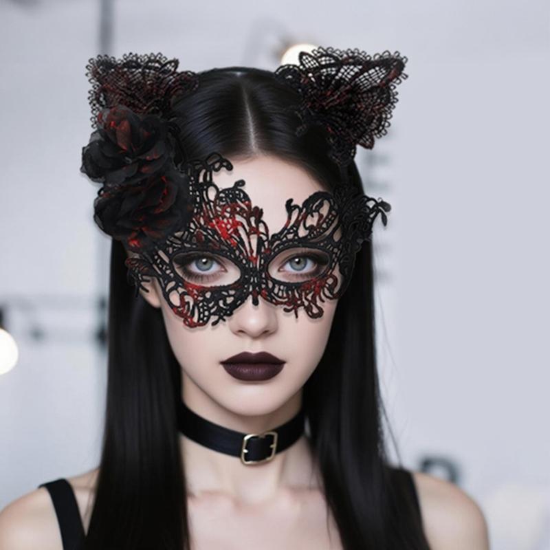 Elegant Lace Half Face Mask with Detachable Cats Ear Headband Hair Decors for Halloween Cosplay Costume Parties