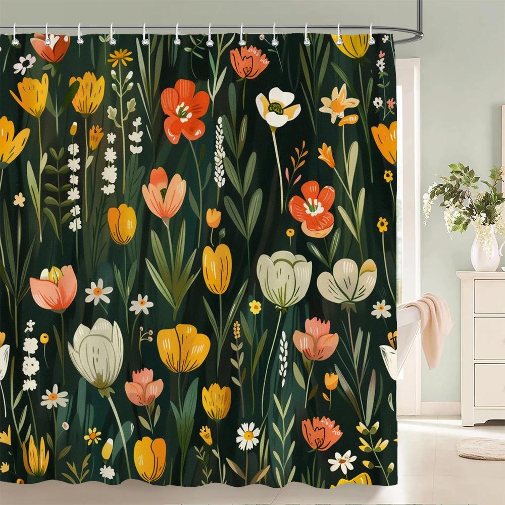 Home Shower Curtains for Bathroom Waterproof Fabric Spring Floral  and Plants Bathroom Curtains with Hooks Decorative Curtain