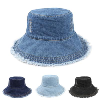 Vintage Distressed Denim Bucket Hat - Sun Protection, Small Face Effect, Washed Cotton Basin Cap with Adjustable Headband for Women