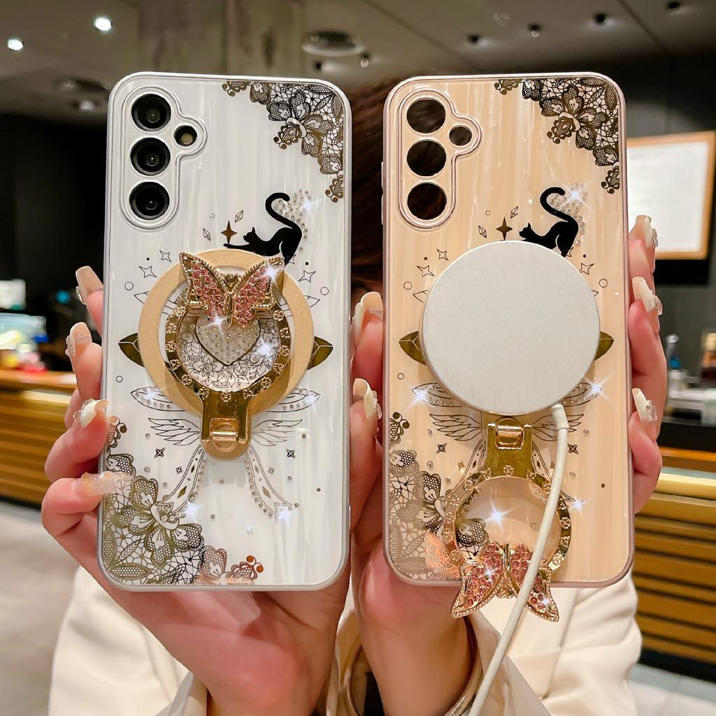 For Samsung Galaxy A54 5G Magnetic Case Rhinestones Decor Kickstand Cat Pattern TPU+PC Phone Cover