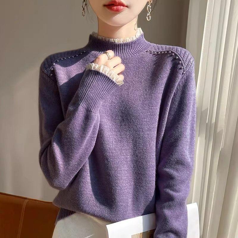 Women's Lace Collar Sweater Loose Soft Stand Collar Knit Top Beaded Knit Pullover Fall/Winter
