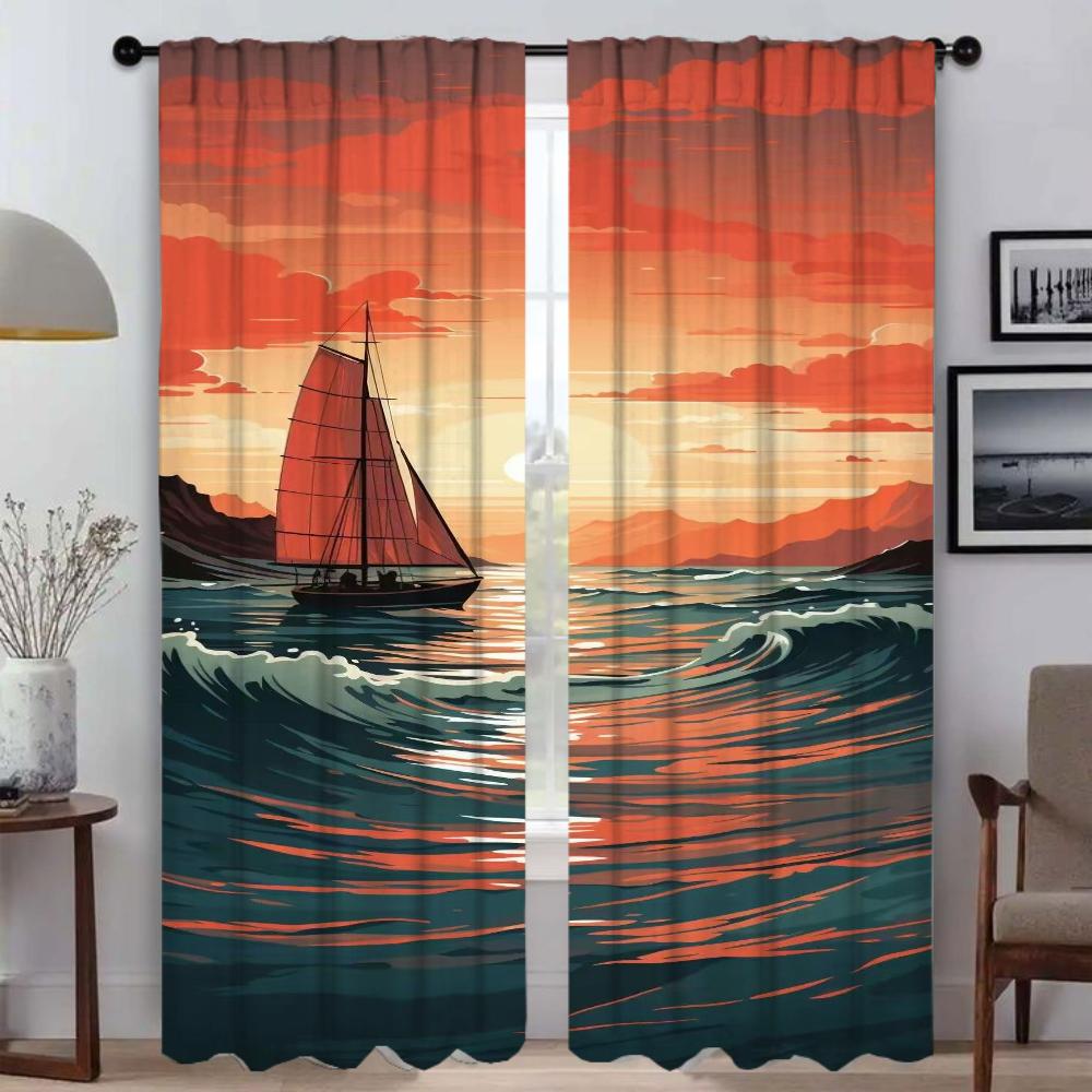 Window Curtain Room Panel Ship Illustration Partition Curtains Halloween Decoration Home Interior Shades Light Blocking Made Of Polyester