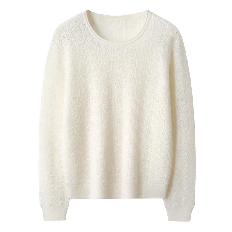 Autumn/Winter Pure Cashmere Floral Knit Sweater: Loose Fit, Rolled Hem, Round Neck, Long Sleeve