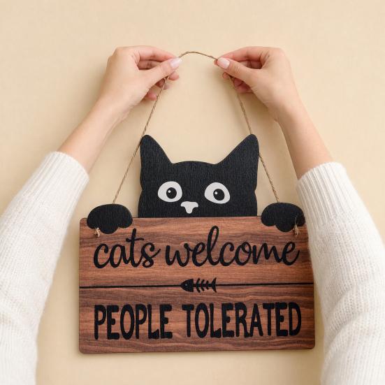 Yousheng Halloween Hanging Door Sign, Cute Cat Hanging Sign, Wooden Front Door Hanger with Hemp Rope for Porch Wall Indoor Home