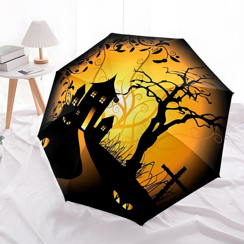 1pc Haunted House Halloween Automatic Folding Umbrella, Lightweight Retractable Compact Travel Umbrella, 8-Rib Sturdy Frame076