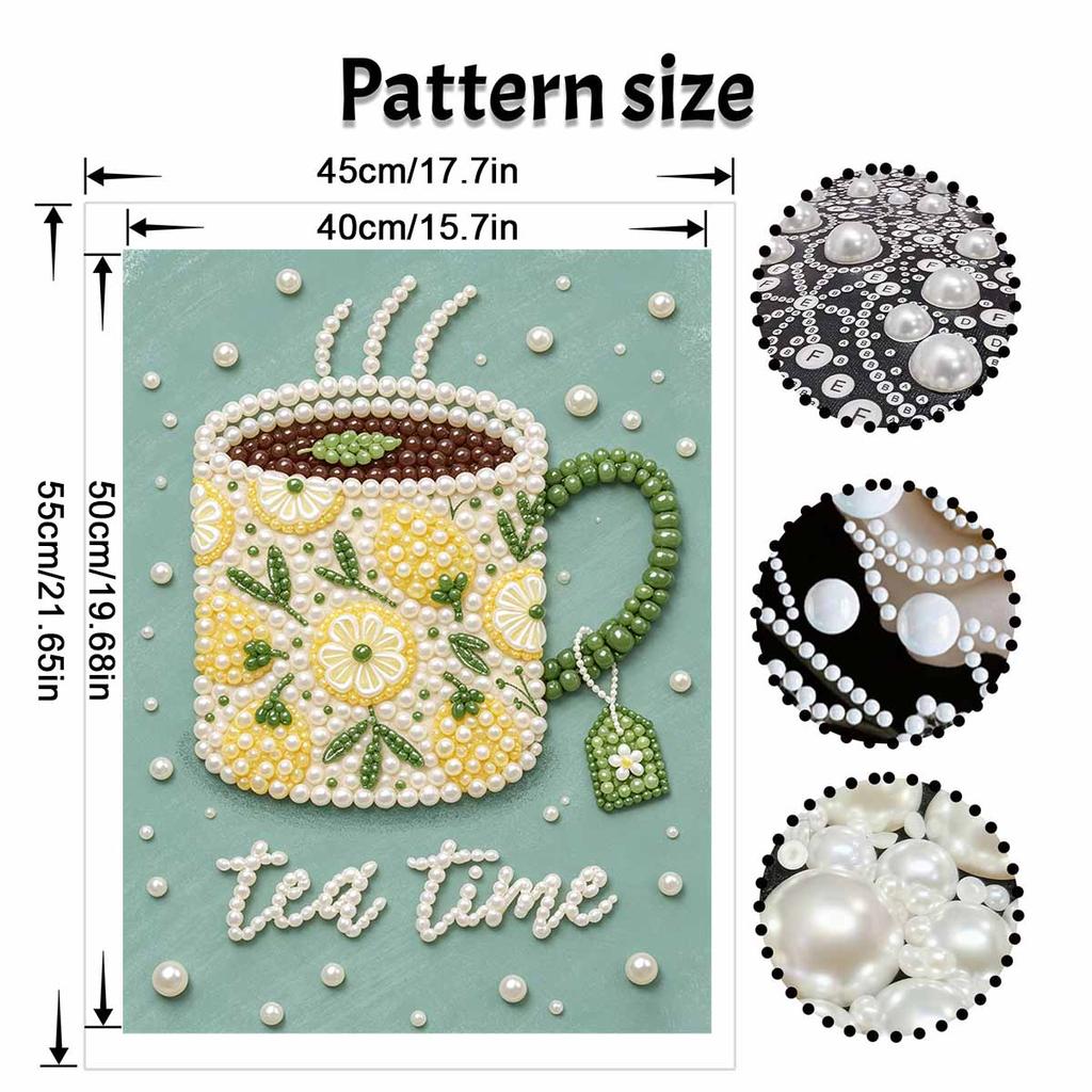 Easy DIY Framed Pearl Bead Painting Kit with Lemon Tea Time Pattern 3D Sparkling Canvas Art for Home Decoration Relaxing Wall Gift Idea