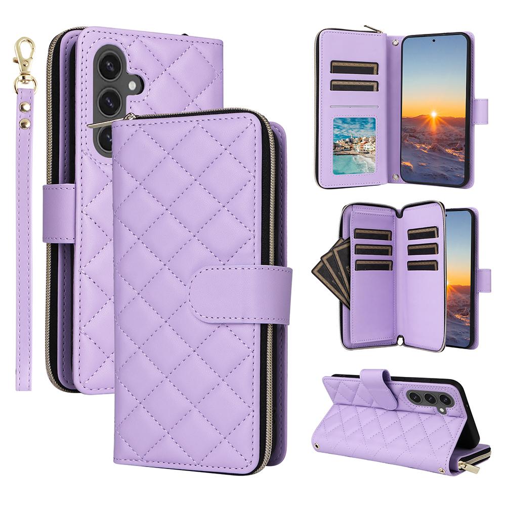 

For Samsung Galaxy S25 FE Case Zipper Wallet Rhombus PU Leather Crossbody Phone Cover Purple
