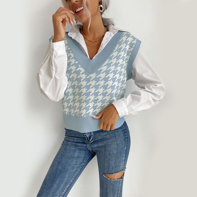 YYFS Women's Fashion Casual Houndstooth Print Autumn Winter Sleeveless V-Neck Sweaters