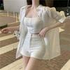 Women's Three-Piece Set: Loose Sleeveless Top, See-Through Sun Protection White Shirt, and Long Sleeve Thin Shorts