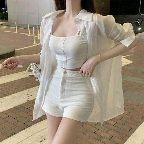 Women's Three-Piece Set: Loose Sleeveless Top, See-Through Sun Protection White Shirt, and Long Sleeve Thin Shorts