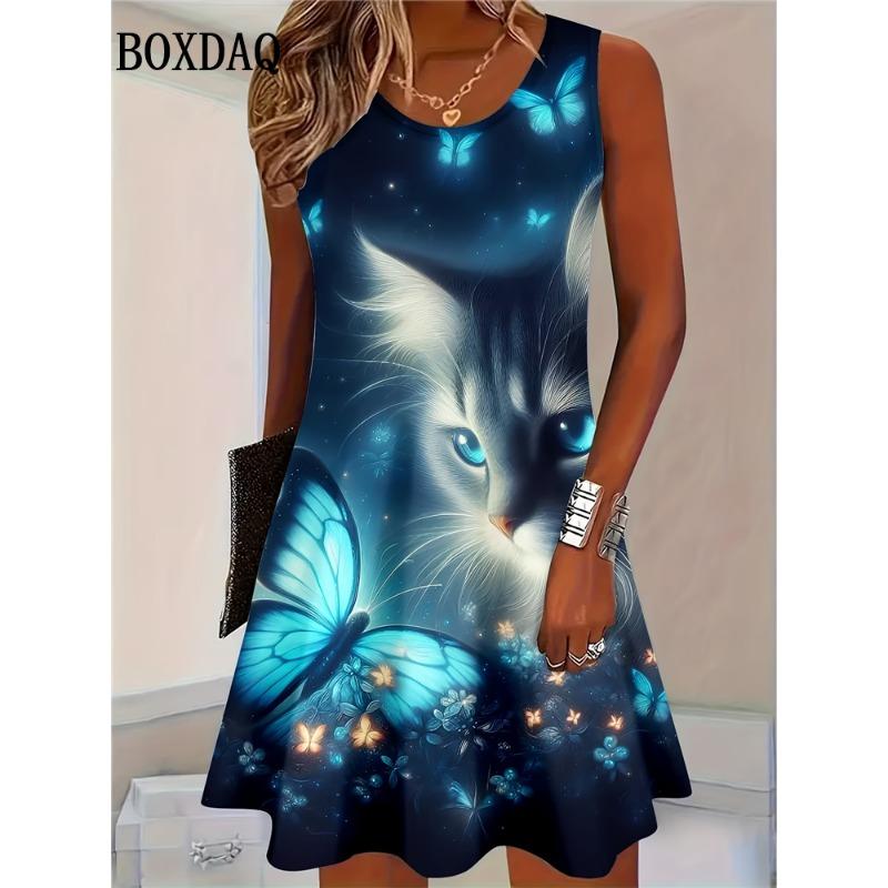 Fashion Elegant Women Dresses Summer Sleeveless 3D Butterfly Cat Printed O-Neck Dress Casual Loose Ladies Dress Plus Size