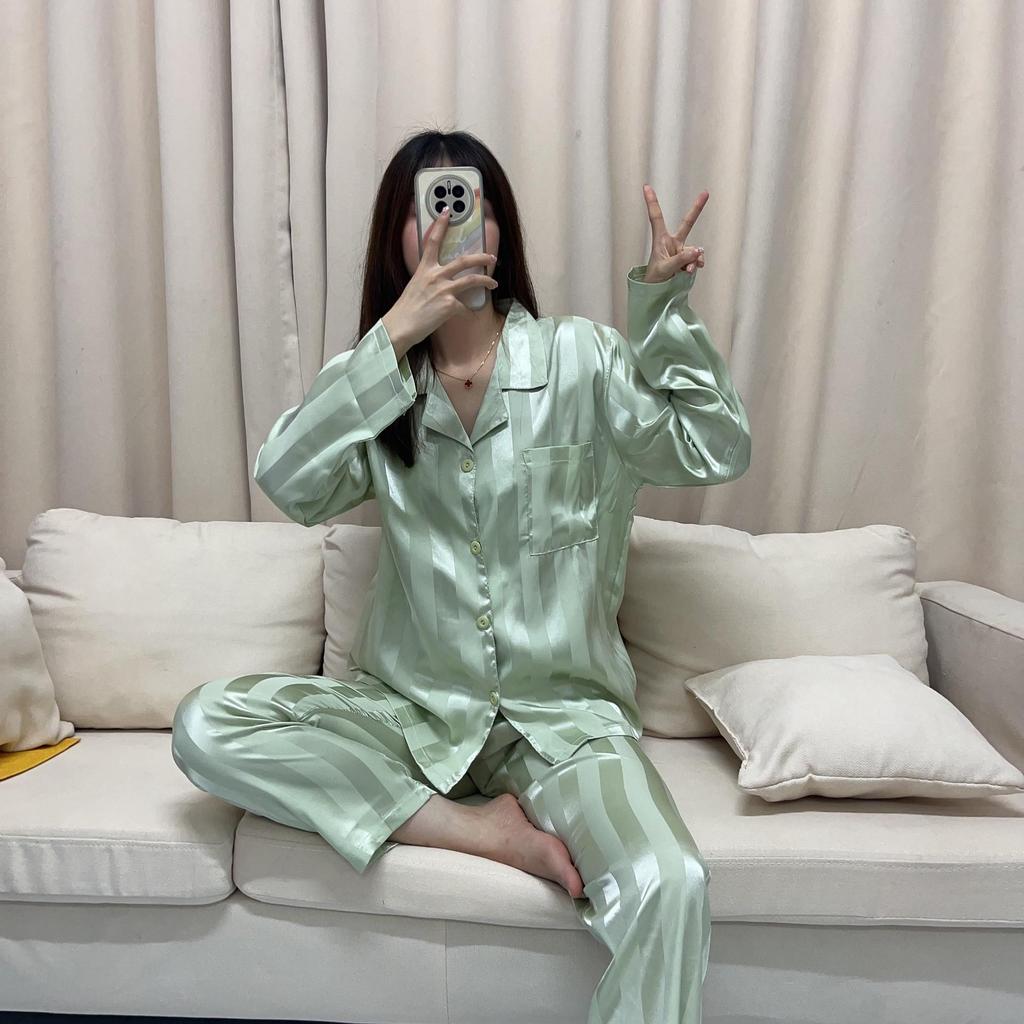 Women's Spring & Autumn Jacquard Stripe High-End Imitation Silk Pajamas Set - Outdoor Wearable