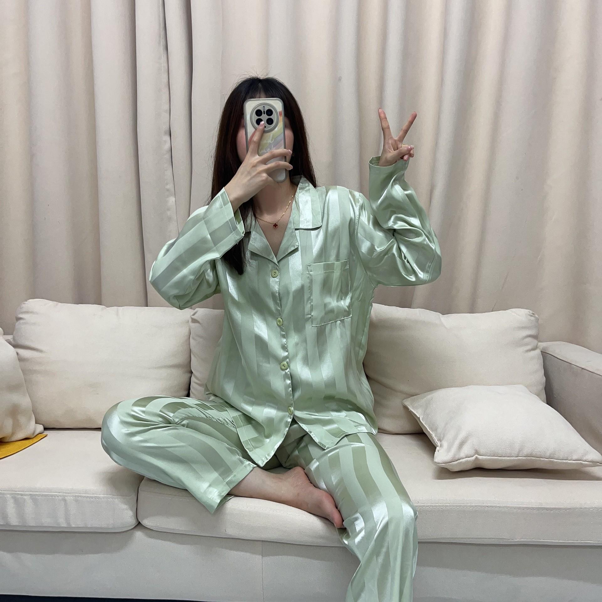 

Women s Spring & Autumn Jacquard Stripe High-End Imitation Silk Pajamas Set - Outdoor Wearable Extra Extra Large
