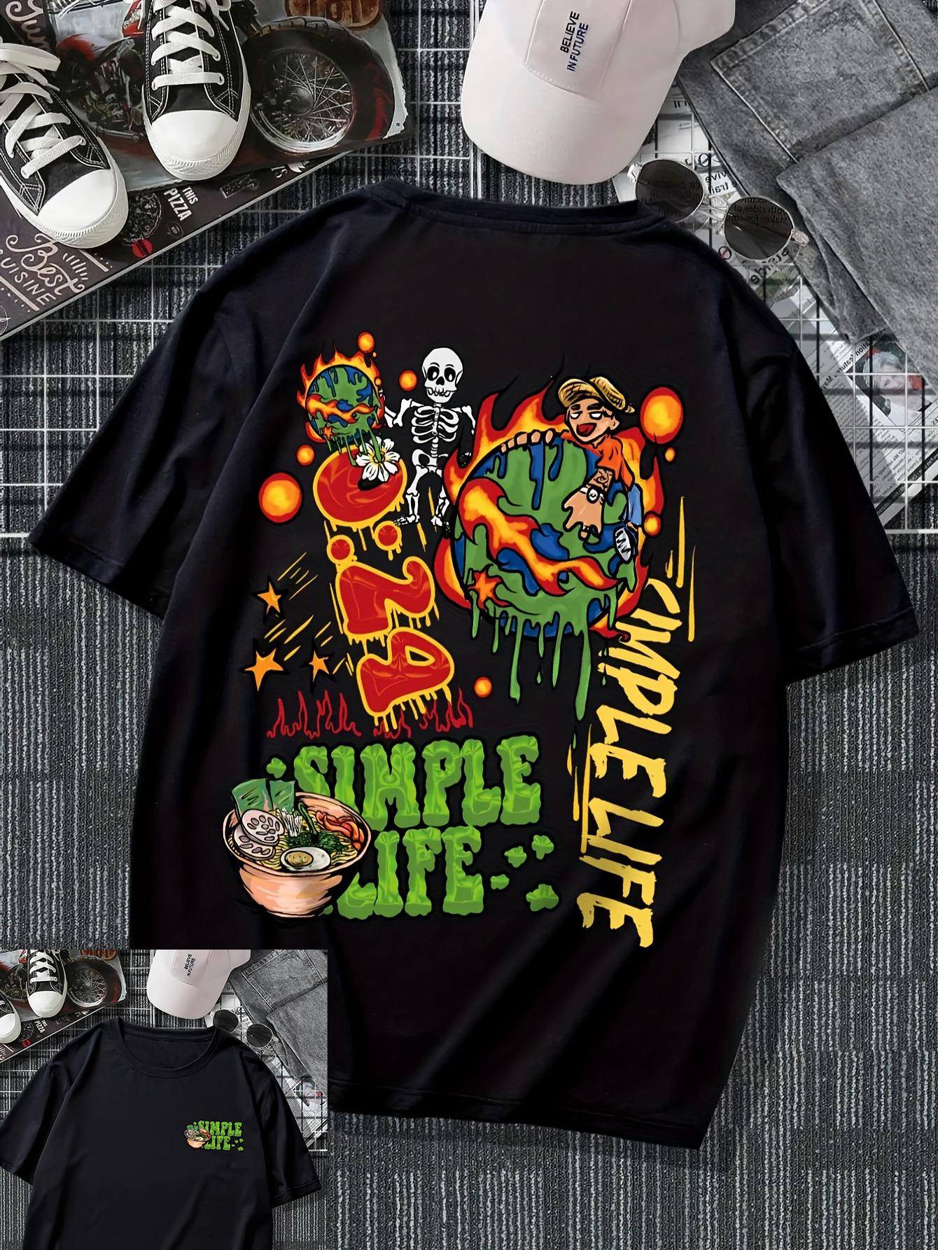 

Comic Earth And Skull Head And Letter Pattern Men s Trendy Short Sleeve Crew Neck T-shirt Summer Outdoor Fashion Streetwear 4XL