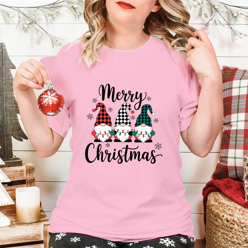 Merry Christmas Gnomes Print Womens Tshirt Fashion Casual Holiday Party Female Tops Tees Short Sleeve Tshirt Women Xmas Gift
