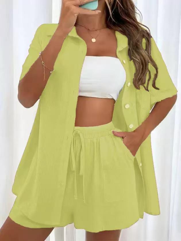 Women's Casual Solid Color Shirt & Shorts Set - Single-Breasted, Short-Sleeved