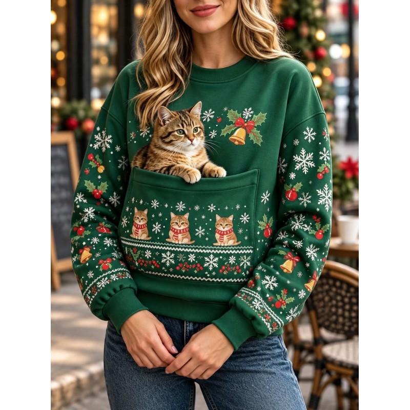 Christmas Cat Pocket Print Sweatshirt Retro Long Sleeve Top Holiday