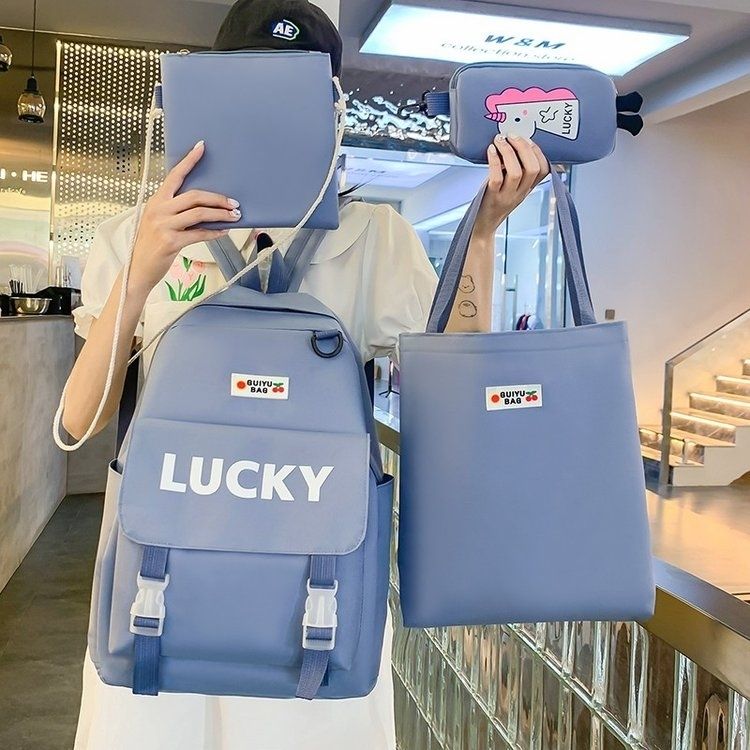 

4pc/set School Backpack for Teenager Girls Multi Pocket Canvas Students Schoolbag Versatile Large Capacity Female Travel Bookbag синій