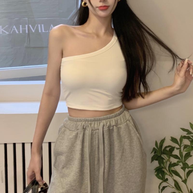 Camisole d'été pour femmes, épaules diagonales, haut polyvalent, nombril ouvert, haut court