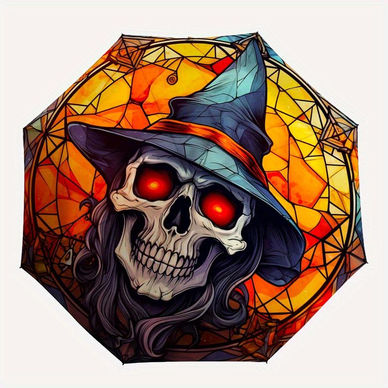 Halloween Hexe Totenkopf Buntglas Fensteraufkleber Regenschirm, Tragbarer 3-fach Kompakter Regenschirm, Weihnachtsgeschenk ES459