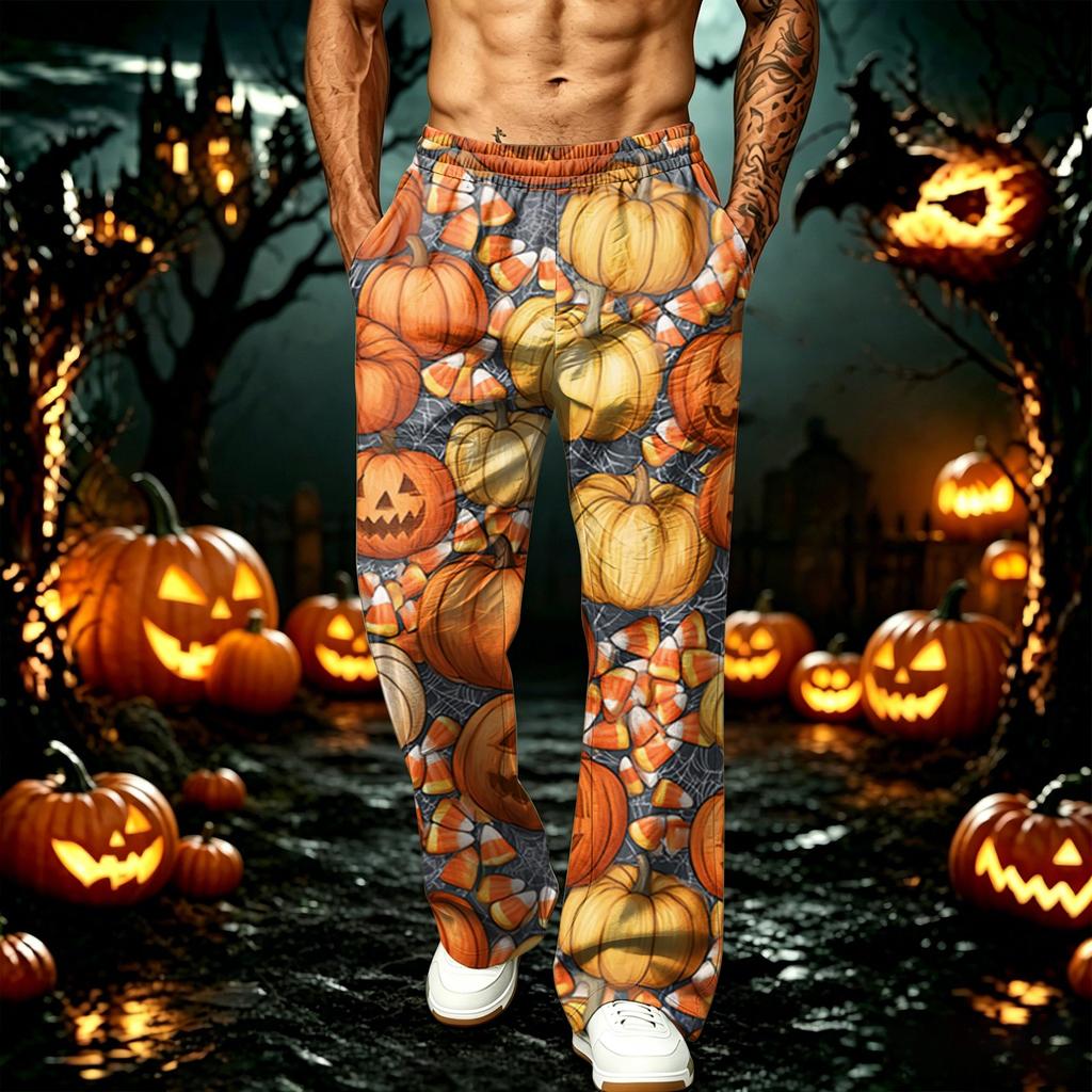Herren Locker geschnittene Jogginghose mit Taschen Halloween-Print Schweißhose für Freizeit und Training