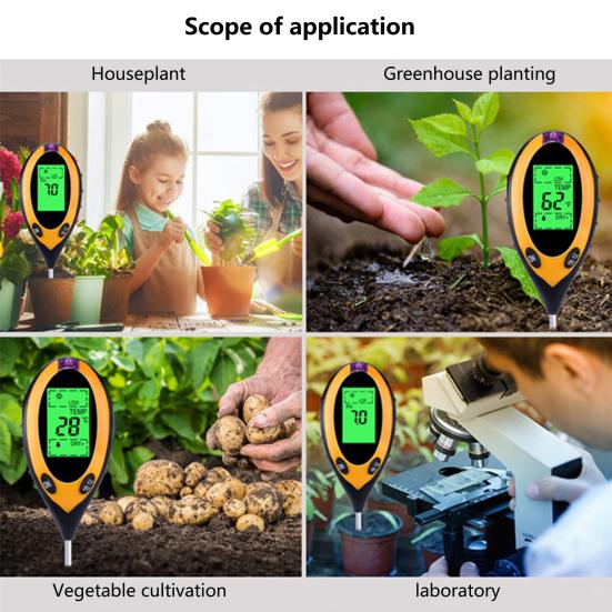 4-in-1 Soil Tester Digital Display Soil Moisture Sunlight PH Temperature Tester Long Probe Soil Tester for Garden Lawn Farm Greenhouse Plant Care