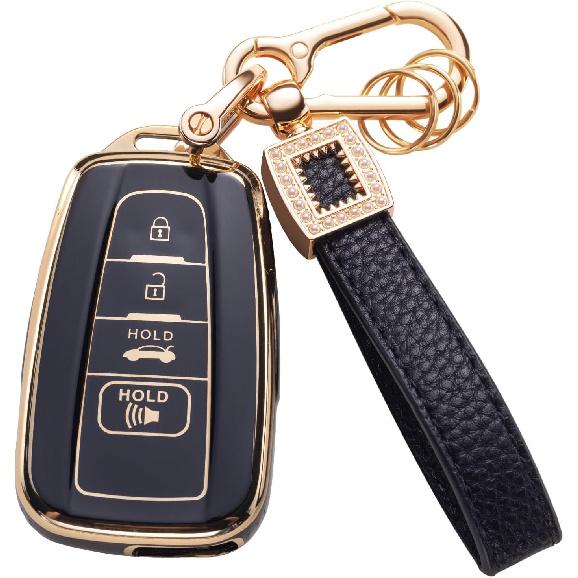 for Toyota Key Fob Cover with Leather Lanyard, Car Key Fob Case Compatible with 2018- Camry RAV4 Highlander Avalon C-HR Prius Corolla GT86 Smart Key