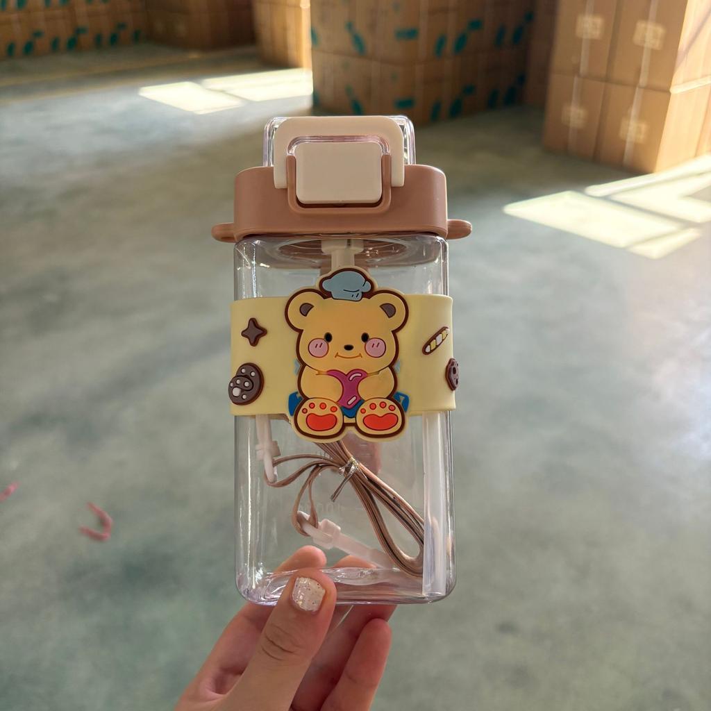 Water Bottle Straw Cup High Value Cartoon Square Cup Portable Large Capacity Student Children Drinking Cup with Strap Plastic Water Cup