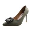 Rhinestone High Heels Women's New Professional Thin Heel Temperament Pointed Women's Shoes Metal Square Buckle Single Shoes