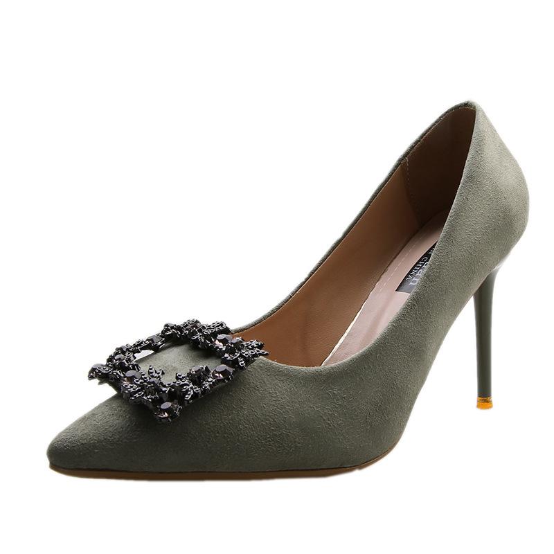 Rhinestone High Heels Women's New Professional Thin Heel Temperament Pointed Women's Shoes Metal Square Buckle Single Shoes