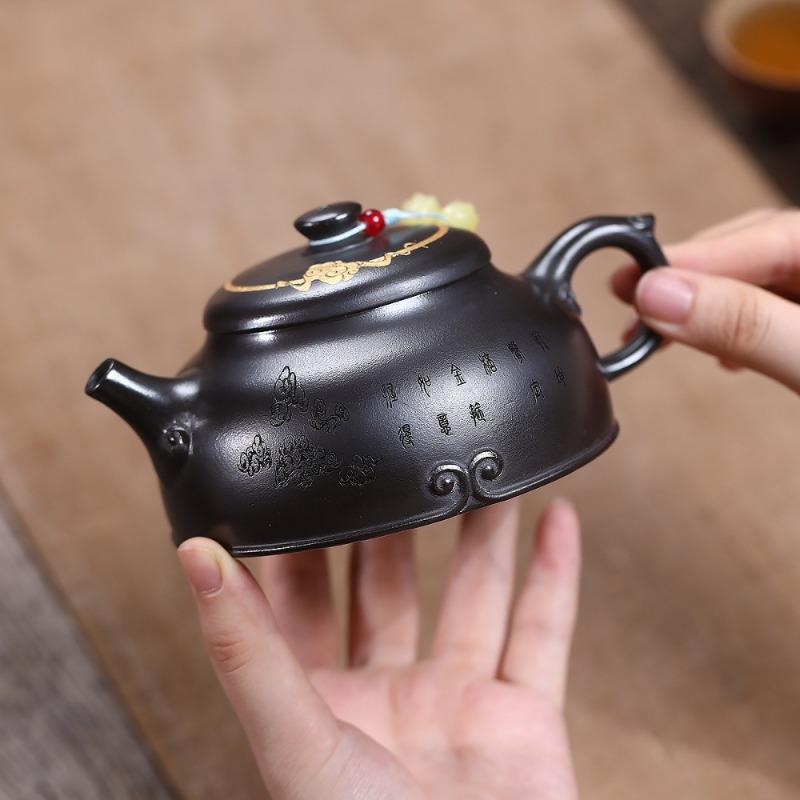 

270ml Ancient Yixing Purple Clay Teapots Master Handmade Gold Drawing Pot Raw Ore Stone Yellow Mud Kettle Zisha Tea Set Tea Gift
