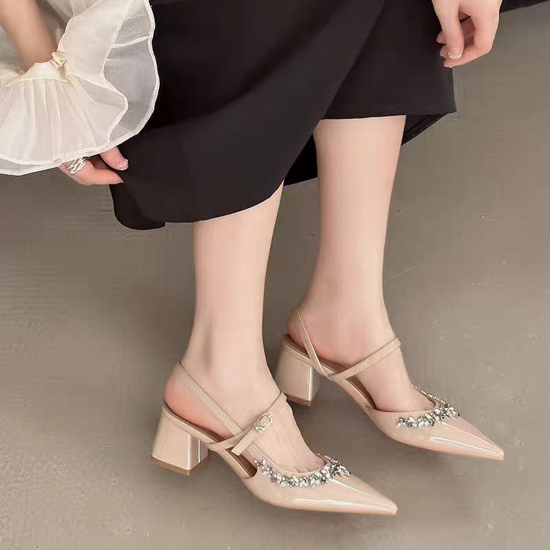Fashionable Baotou Square Heel Sandals Summer New Pointed Crystal Buckle Line with Soft Sole Non-slip Mid-heel Shoes